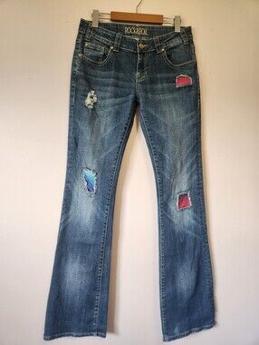 Rock & Roll Cowgirl Rival Low Rise Bootcut Distressed Serape Patch Jeans 29